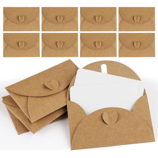 25 Mini Kuvert med Kort Vintage Mini Kraftpapperskuvert Tomma Kort Små Brevkuvert med Hjärtaförslutning för Gåvor DIY Tackkort