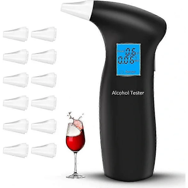 Alkometer, Alkometer med præcision i politi-kvalitet, Professionelt alkometer, Udstyret med 12 mundstykker og en LCD-skærm.
