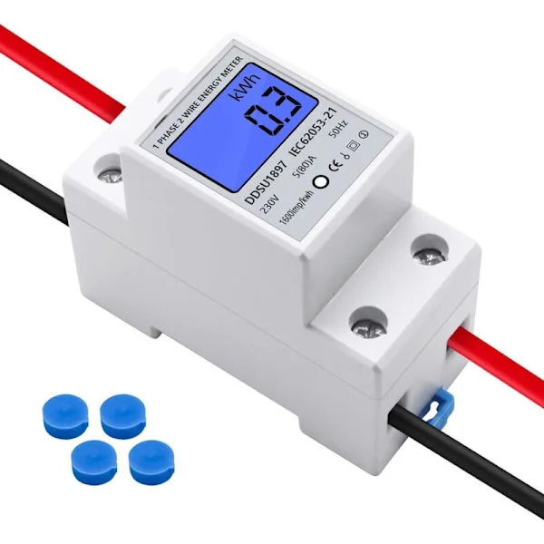 Strømmåler, energimåler 230V 5 (80) A 2-leder 2P digital LCD-skjerm med DIN-skinne enfaset elektronisk skinne-montert digital strømforsyning kWh