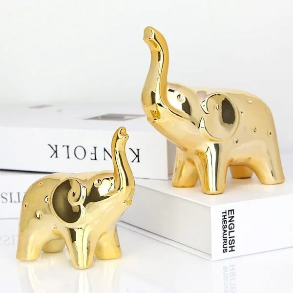 Pair of Gold Elephant Statue Home Decor, Sculpture Elephant Ornaments for Living Room Office Desk Bookshelf, Mother Child Elephant Decorative