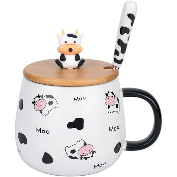 Søt kaffekopp med dyremotiv, lokk og skje, søte gaver med kumønster, keramisk tekopp, Kawaii-kopp, kaffekoppgave - 480 ml