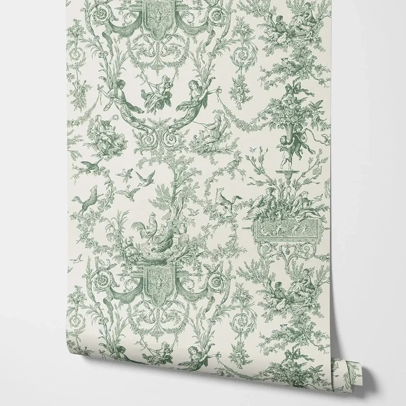 AliExpress - Papier peint vintage vert jouets, festons de fleurs, papier peint en fond vert et beige