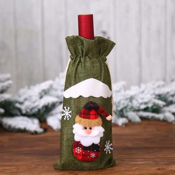 Christmas Wine Bottle Bag, Reusable Wine Packaging for Christmas Decoration, Table Decoration, Dinner, Banquet, Linen Wine Bottle Bag, Green