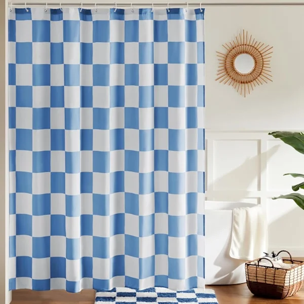 Blårutig duschdraperi för badrum, snygg retro rutig duschdraperi, maskintvättbar, 183 x 183 cm
