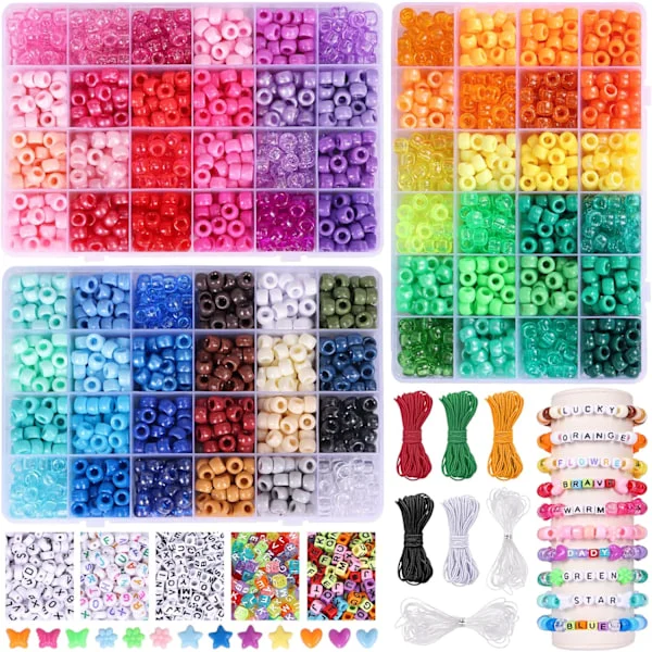4700 stk., 72 farver Pony Beads Rainbow Kandi Beads til armbåndssæt, 3600 stk. 9 mm plastikperler og 1000 stk. bogstavperler, Alpha