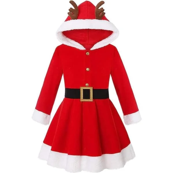 Girls' Christmas Mrs. Santa Claus Costume Red Velvet Hoodie Dress 150cm