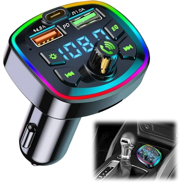Bluetooth Bil FM-sender Bluetooth 5.0 Biltilbehør, Håndfri Bil Bluetooth, Bluetooth Bilmusikadapter, 2 USB + Type C [4.8A + 18W PD]