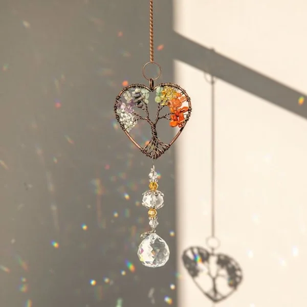 Krystal Solfanger til Vindue, Livets Træ, Solfanger Dekoration med Prismer Hængende Solfanger med Hjerteformet Krystal Hængende Ornament Chakra Sten