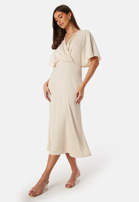 Bubbleroom Occasion - Wrap Satin Midi Dress - Champagne - Midiklänning Dam