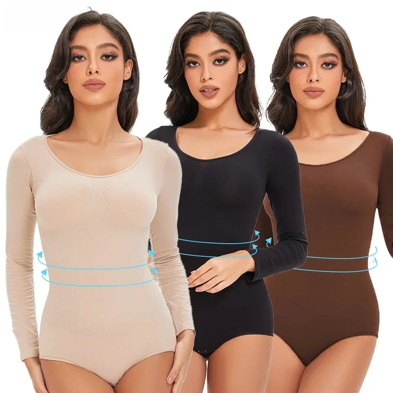 AliExpress - POKARLA Spandex Elastischer Bodysuit Shapewear Damen Körperformer Bauchkontrolle Langarm Offener Schritt Rundhals Nahtlose Shapewear