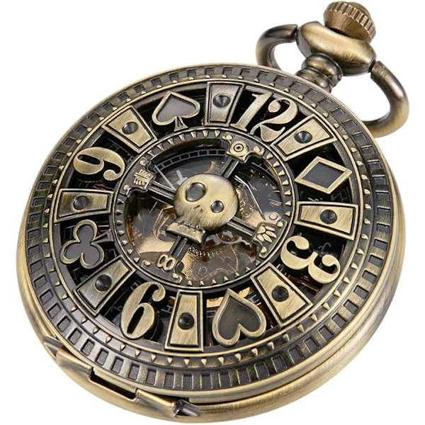 [RM]Vintage Unique Hollow Mechanical Steampunk Pocket Watch with Chain Skeleton Roman Numerals Pocket Watch for Men Gifts