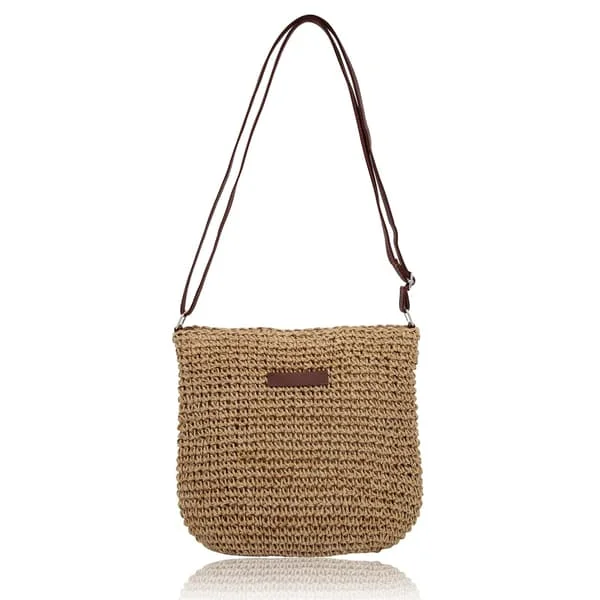 Straw Bag for Women, Small Summer Beach Crossbody Bag with Zipper and Adjustable Shoulder Strap, Boho Woven Handmade Shoulder Bag (Khaki)