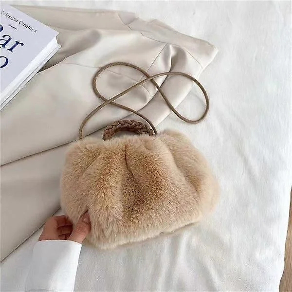 Blød skuldertaske, fluffy og lodden varm håndtaske, varm crossbody-taske (beige)