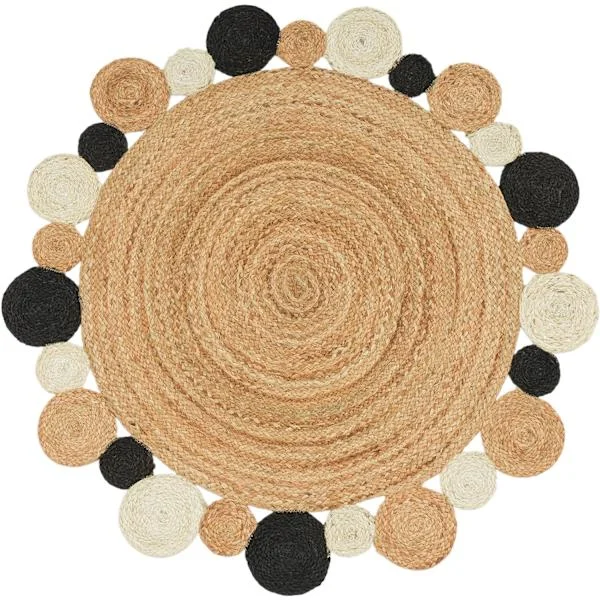 Handgjord rund jutematta med bohemiskt etniskt mönster, 120 cm naturfiber-FY-