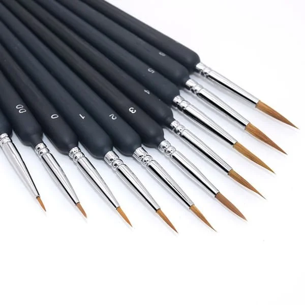 Acrylic Paint Brush Set, 10 Fine Detail Brushes with Nylon Hair and Non-Slip Wooden Handles, for Watercolor Models and Crafts, Black Sizes 000-7