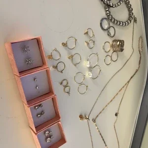 Mix av örhängen, ringar och halsband