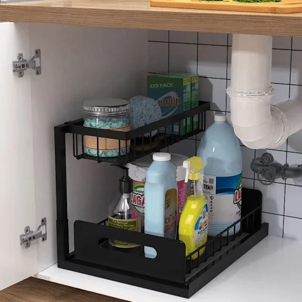 (SC) 2-Tier Under Sink Organizer Heavy Duty Metal Pull Out Cabinet Shelf White Space Saving Bl