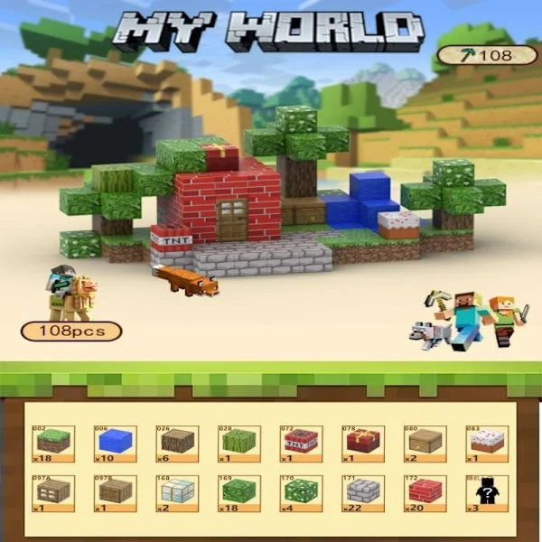 Minecraft byggeklodser, inklusive 108 seks-sidede magnetiske legetøj med 3 figurer, Have