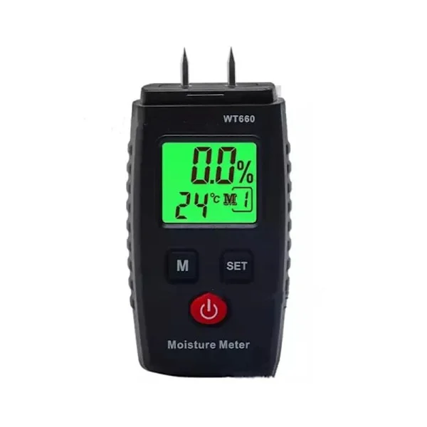 Fuktmätare, stift-typ fukt detektor med 3 lägen, LCD-display med grön bakgrundsbelysning, mögeldetektor för trä och byggmaterial. Ikodm