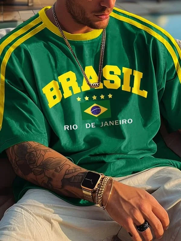 Kesä 2025 Uusi viiden tähden Brasil Print T-paita miehille Lyhythihaiset O-kaula-paidat Vintage Casual Sports Mesh Jersey Oversize Topit