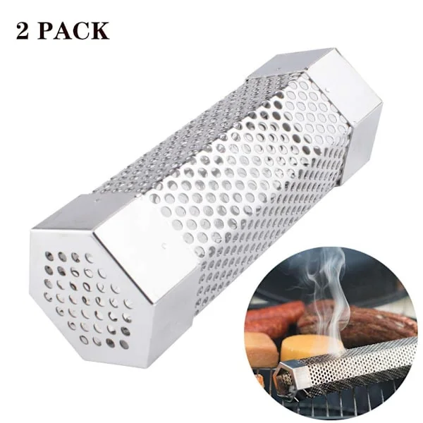 Hexagon Design Grill i rustfrit stål, bærbar pille-røgrør til udendørs brug, kompatibel med alle grill, kold og varm rygning 6", tilføjer bølgende røg