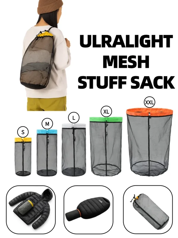 AliExpress - Ultraleichter Mesh-Stuff-Sack mit Kordelzug, Aufbewahrungstasche aus hochdichtem Nylon, Organizer-Beutel für Camping, Wandern, Kleidung, 