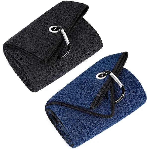 Golfhandduk | Premium Mikrofiber | Våffelmönster | Säker Kardborrestängning | Unisex Golfhandduk | 40 x 60 cm (Svart + Marinblå)