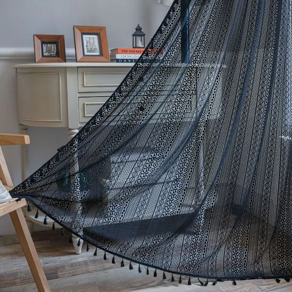 Bohemsk stil ugjennomsiktige gardiner i bomull og lin, 150 x 220 cm, med hule kroker, laget av polyester og lin