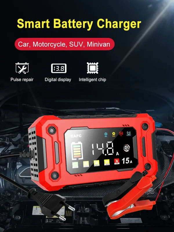 AliExpress - EAFC 12V 15A Auto-acculader met groot scherm, pulsreparatie-oplader voor auto, motor, SUV, lithium, AGM, loodzuur, GEL, LCD-display