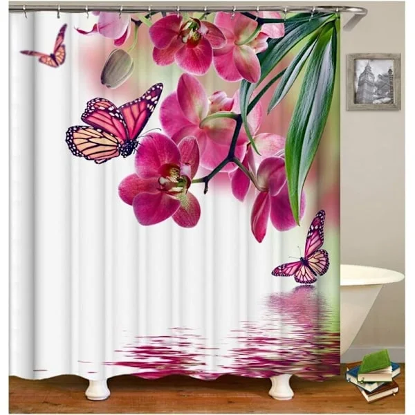 Retro blommor och fjäril duschdraperi vitt duschdraperi rosa Draperier Bad 120x180cm