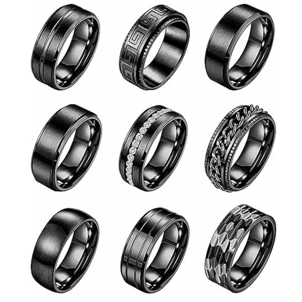 9-delt sæt 8mm titanium stålring til mænd og kvinder, enkelt børstet vielses- og forlovelsesring sæt, sort 9-delt sæt nr. 10