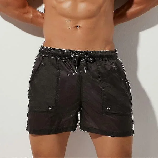 【BEMS】Gennemsigtigt badetøj til mænd, badeshorts til mænd, badebukser, bermudashorts, surfstrand, sort