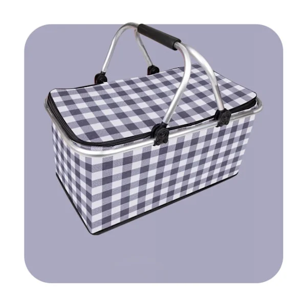 Isoleret Kurv Bærbar Foldbar Termisk Isolering og Kold Opbevaring Picnic Kurv til Udeliv Familie Grå Plaid Generel Stil