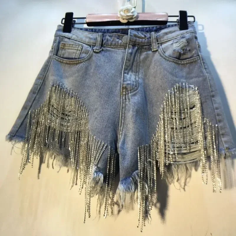 AliExpress - Denim-Shorts für Damen, Loch, zerrissene Jeans, Quasten, Diamanten, sexy, gewaschen, Distressed, hohe Taille, Streetwear, 2025, gerade, 