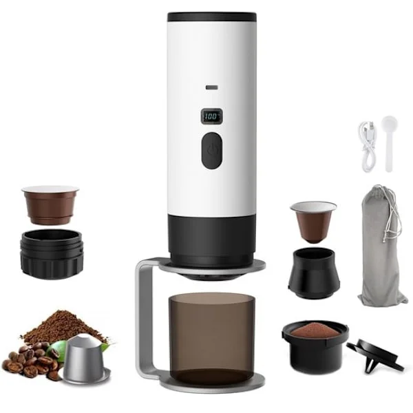 Bärbar kaffebryggare - Sladdlös för bilen - 12 Volt - Espresso - Kapselkaffe - Malet kaffe - Koppar - Uppladdningsbar - Bärbar kaffemaskin - Vit