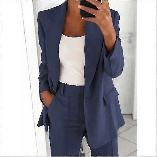 [RM] Women's 2-Piece Suit - Blazer Set Elegant Business Workwear Vintage Classic Solid Color Ruched Sleeve Open Front Suit Jacket and Straight Leg 