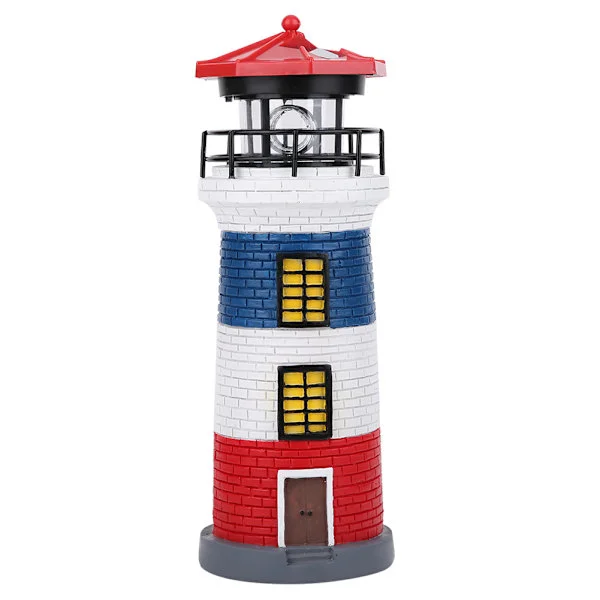 LED Solcelledrevet Fyrtårnsfigur Roterende Utelys Hage Hageplen Håndverk Ornament (RødBlåHvit)