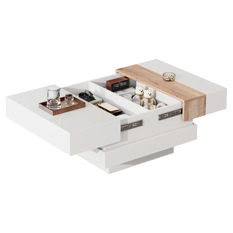 AliExpress - Table basse carrée avec plateau extensible et rangement dissimulé - 2 compartiments, panneaux de particules blancs 70 × 70 × 39 cm