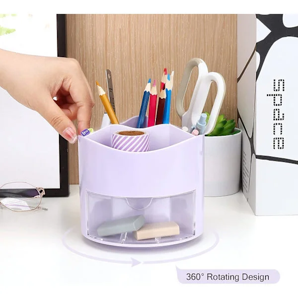 Rotating Pen Holder, 4 Compartment Pen Organizer - Desk Storage for Office Supplies, Makeup Brush Storage for Home and Office, Pen Organizer (Purple)