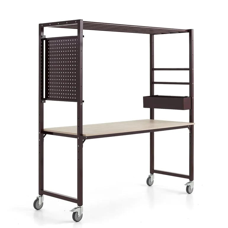 Mobile multi-table TEAMWORK, accessory box, tool panel, burgundy/ash