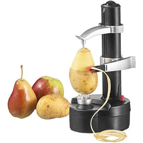 Elektrisk skalare, automatisk roterande potatis-, äppel- och frukt-/grönsaksskalare, köksskalare i rostfritt stål (svart).
