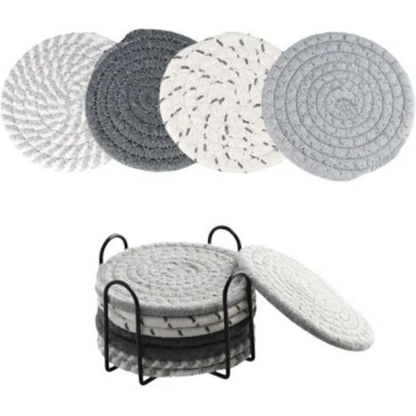 Set med 8 underlägg med hållare. Absorberande underlägg i bomull. Runda flätade underlägg. Bohemiska underlägg. Underlägg för soffbord. För koppar (
