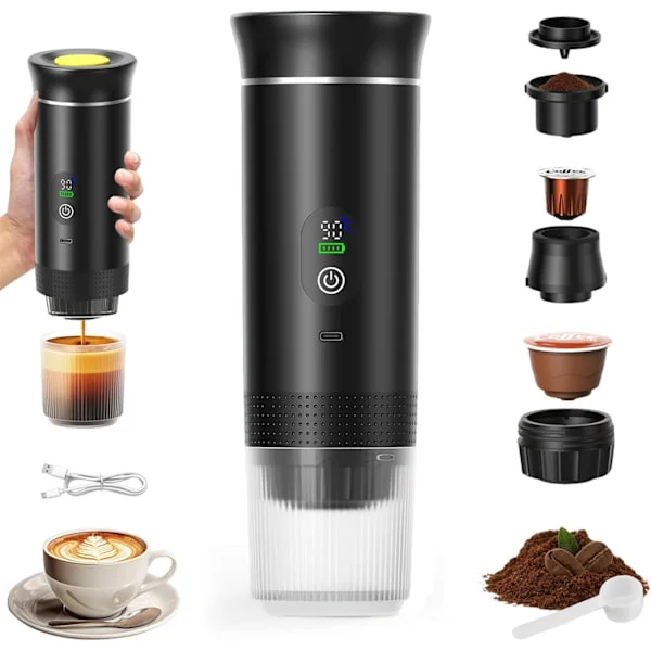 3-in-1 Portable Coffee Maker, Rechargeable Portable Travel Coffee Machine, 12V Espresso Machine for Capsules, Ground Coffee, for Camping, Travel