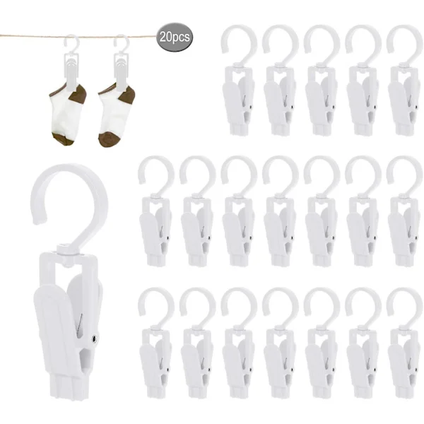 20 Large Clothes Pegs, Windproof Clip, Plastic Pin, 360 Degree Swivel for Towels, Clothes, Carpet, Curtain, Hat (White)