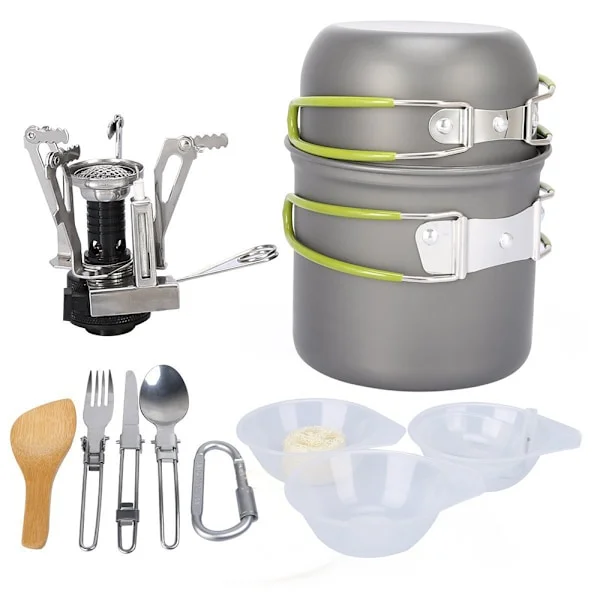 Kompakt Kokesett for Camping, Viktig Utstyr for Fotturer, Ryggsekkturer og Piknik, Plassbesparende Håndtak, Non-Stick Overflate, Sammenleggbar Camping