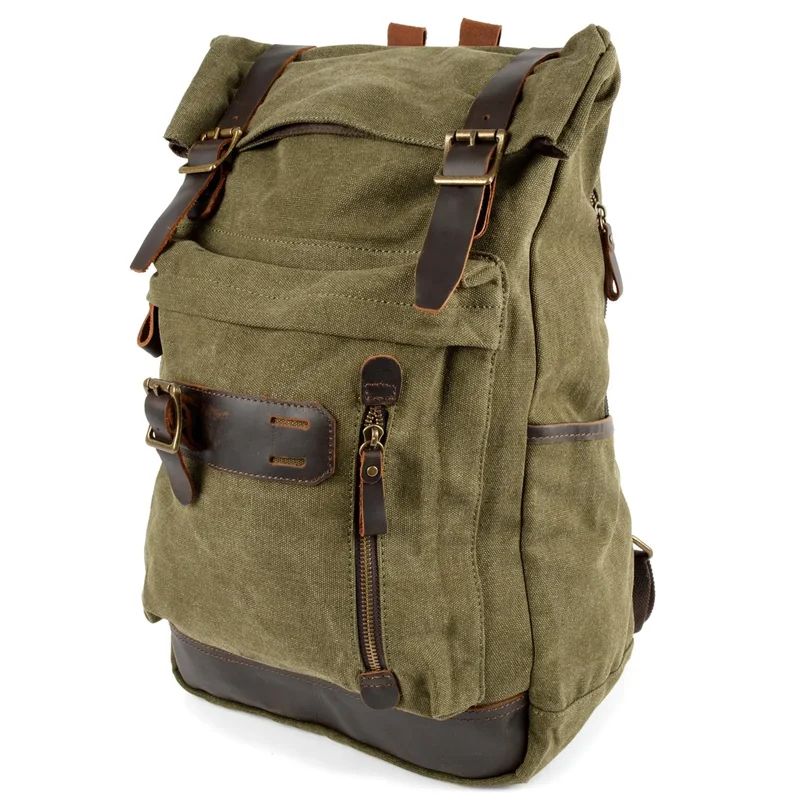 Rugged Vintage-Style Army Green Canvas & Leather Backpack for Men - Backpacks