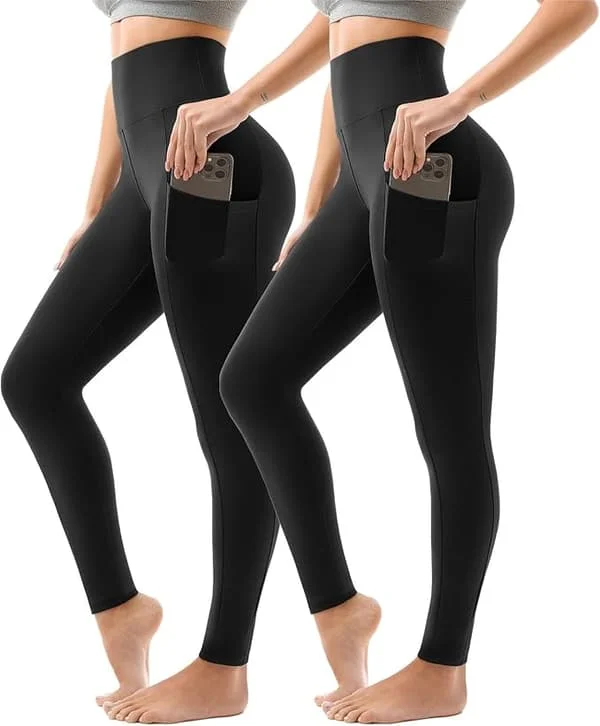 2-pack Women's High Waisted Sports Leggings, Women's Long Sports Pants with Pockets for Gym Yoga XL
