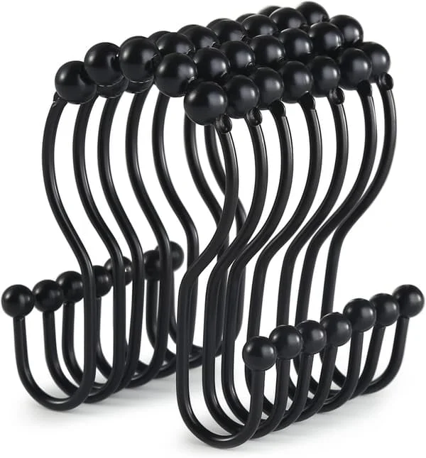 Dusjforhengskroker, 1 ring, rustfrie ruller, rustfrie, balanserte, glidende, fallsikring, doble kroker for baderomsforheng (svart)