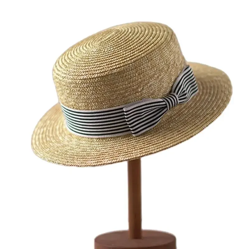 AliExpress - Chapeaux de canotier à large bord, chapeau de soleil à dessus plat, nœud de ruban à rayures, Fedoras d'été, chapeau Derby pour dames, 