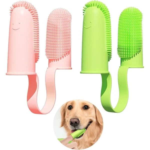 Hundetandbørste, sæt med 2, 135° omsluttende børster, til rengøring af hundetænder, tandbørste til hvalpe, katte og små hunde (pink og grøn)(D)